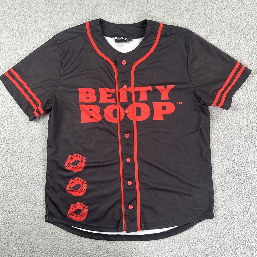 Betty Boop Baseball Jersey Women Large Black Red Cartoon Graphic AOP Print